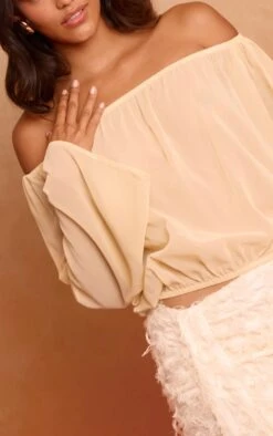 Prettylittlething Butter Cream Chiffon Ruched Bardot Blouse -Pretty Little Thing Shop 63e212062fe985f5795d91a3be9a0c78e022da83 CNN0251 3 butter cream chiffon ruched bardot blouse