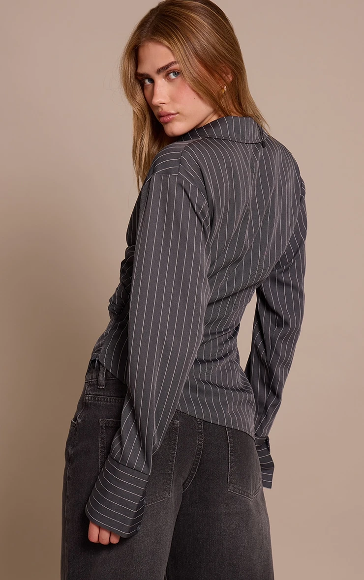 Prettylittlething Grey Pinstripe Ruched Wrap Detail Long Sleeve Shirt - Image 2