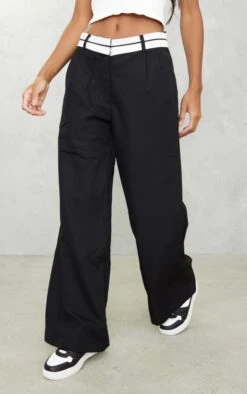 Prettylittlething Black Turn Over Waist Straight Leg Pants
