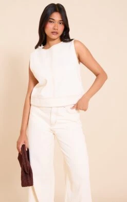 Prettylittlething Ecru Round Neck Sleeveless Boxy Denim Top