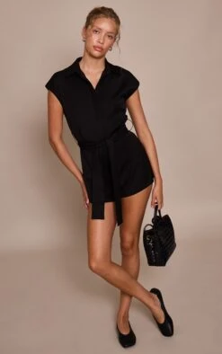 Prettylittlething Black Woven Belt Detail Collar Romper