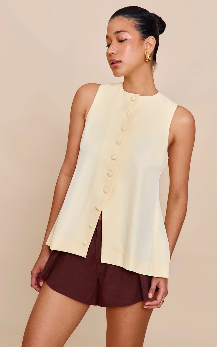 Prettylittlething Butter Yellow Woven Button Down Longline Vest 4 Prettylittlething Butter Yellow Woven Button Down Longline Vest - Image 4