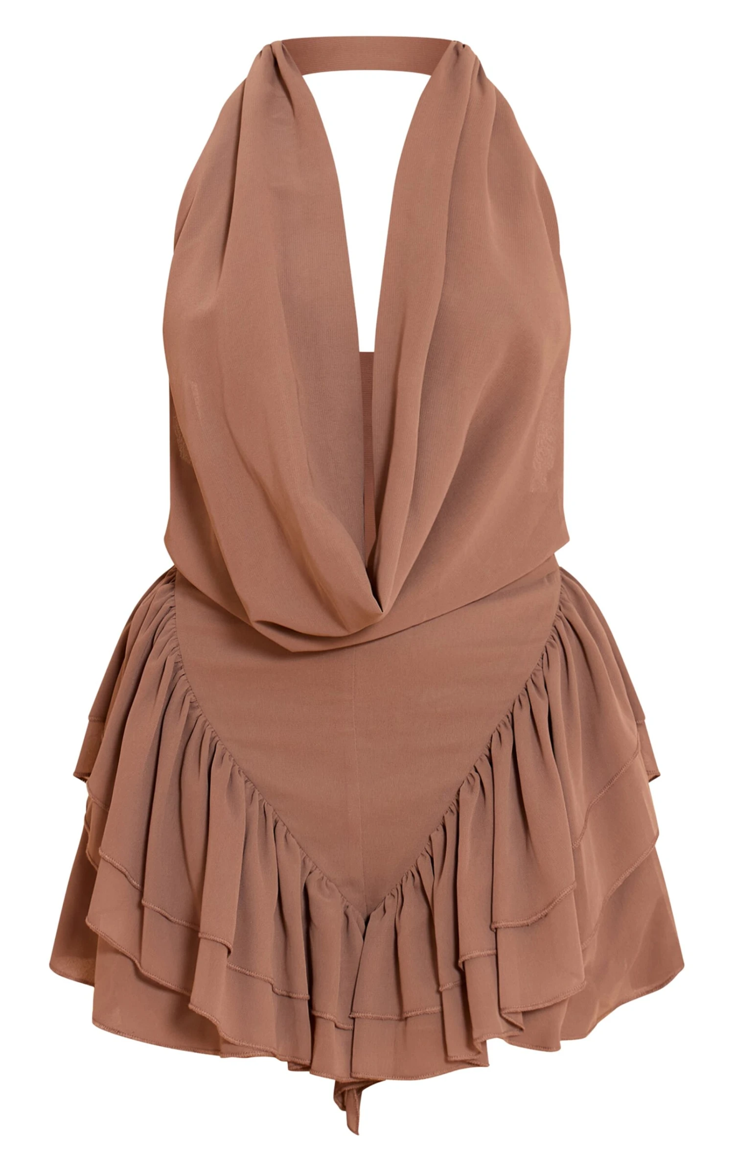 Prettylittlething Mocha Chiffon Cowl Neck Frill Romper 5 Prettylittlething Mocha Chiffon Cowl Neck Frill Romper - Image 5