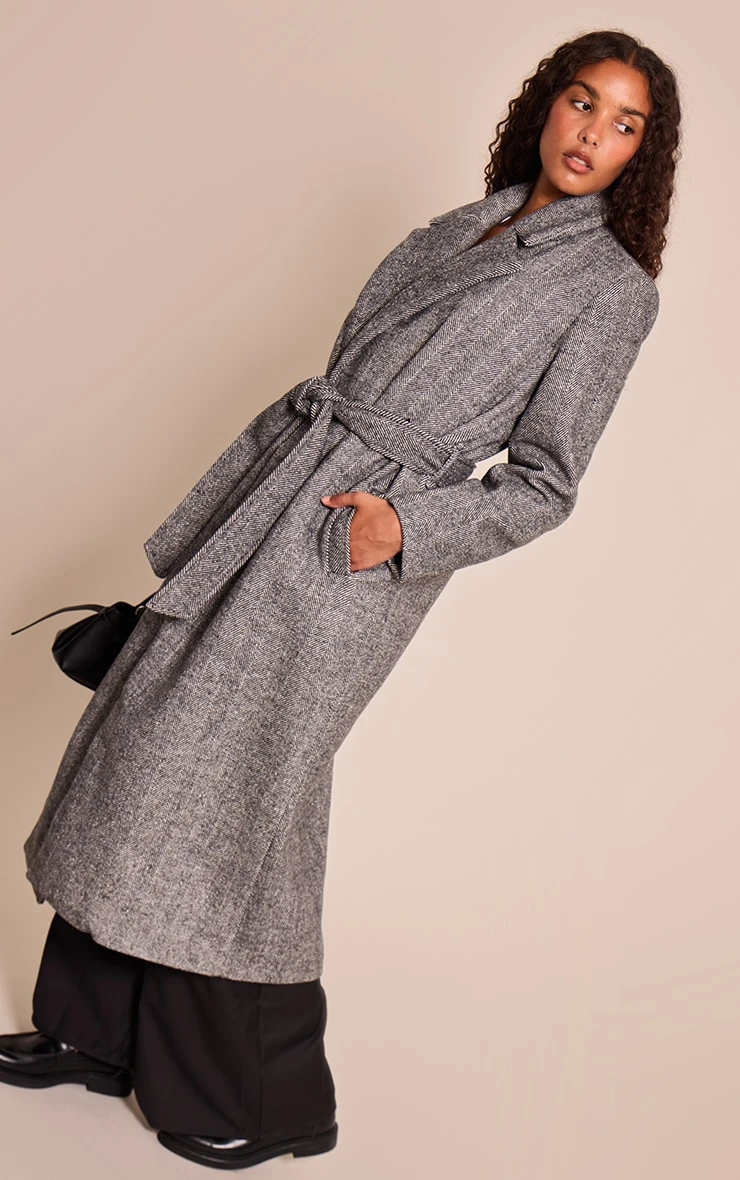 Prettylittlething Grey Herringbone Tie Waist Maxi Coat 1 Prettylittlething Grey Herringbone Tie Waist Maxi Coat