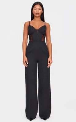 Prettylittlething Black Woven Corset Lace Panel Strappy Jumpsuit