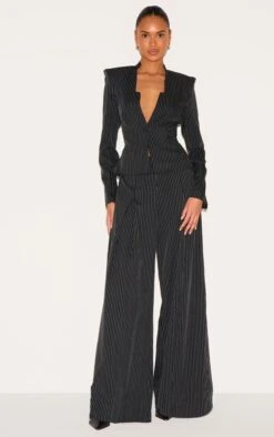 Prettylittlething Black Pinstripe Shirt Detail Straight Leg Jumpsuit