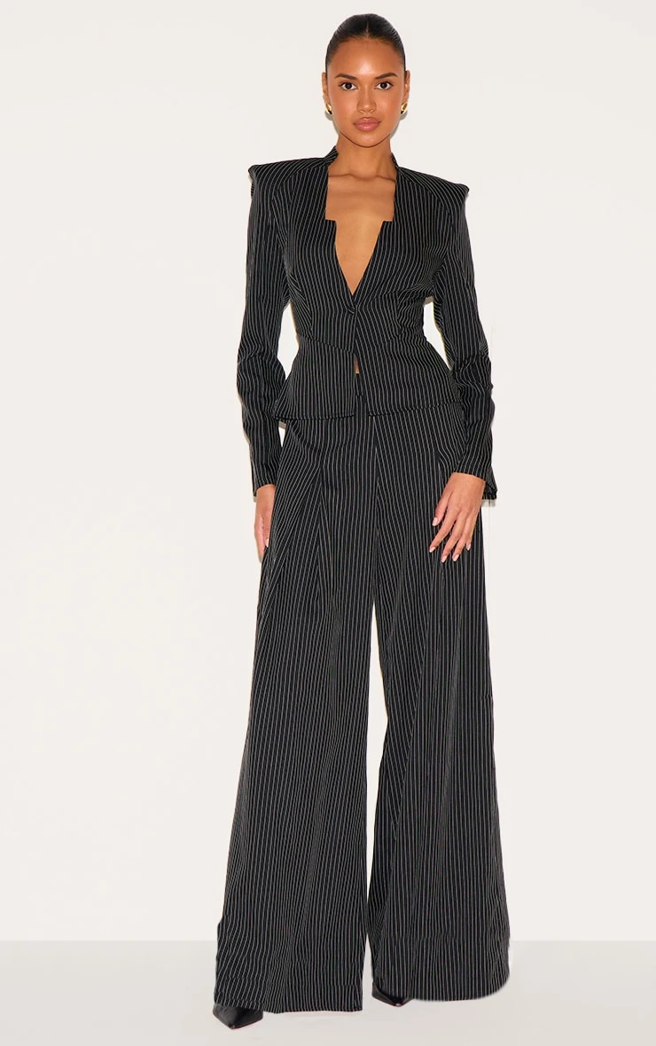Prettylittlething Black Pinstripe Shirt Detail Straight Leg Jumpsuit 1 Prettylittlething Black Pinstripe Shirt Detail Straight Leg Jumpsuit