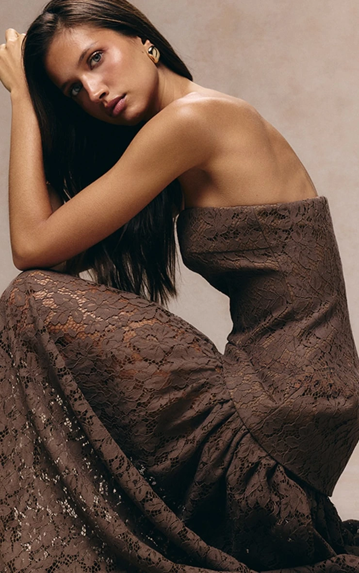 Prettylittlething Taupe Lace Sheer Skirt Panel Bandeau Midaxi Dress