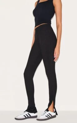 Prettylittlething Black Textured Ribbed Split Hem Leggings