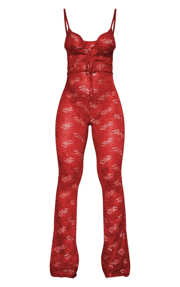 Red Lace Tie Detail Strappy Flared Jumpsuit 5 Red Lace Tie Detail Strappy Flared Jumpsuit - Image 5