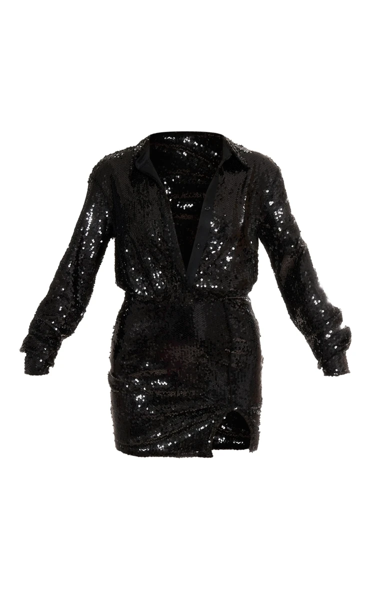 Prettylittlething Black Sequin Fitted Shirt Dress 5 Prettylittlething Black Sequin Fitted Shirt Dress - Image 5