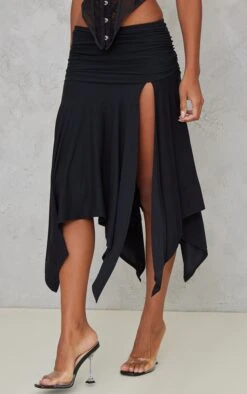 Prettylittlething Black Soft Touch Ruched Asymmetric Midi Skirt