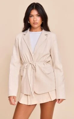 Prettylittlething Stone Tie Waist Linen Look Blazer