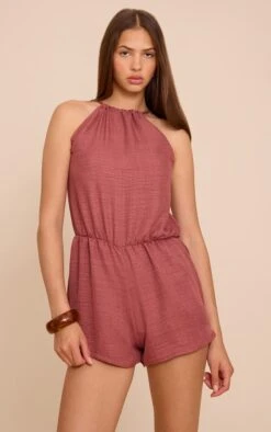 Prettylittlething Rust Textured High Neck Floaty Romper