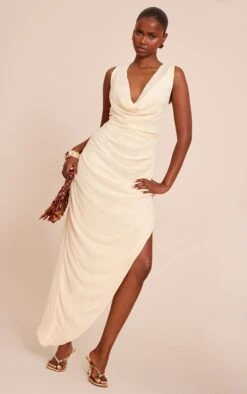 Prettylittlething Cream Chiffon Cowl Ruched Midi Dress