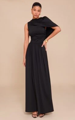 Prettylittlething Black Layered Ruched Maxi Dress