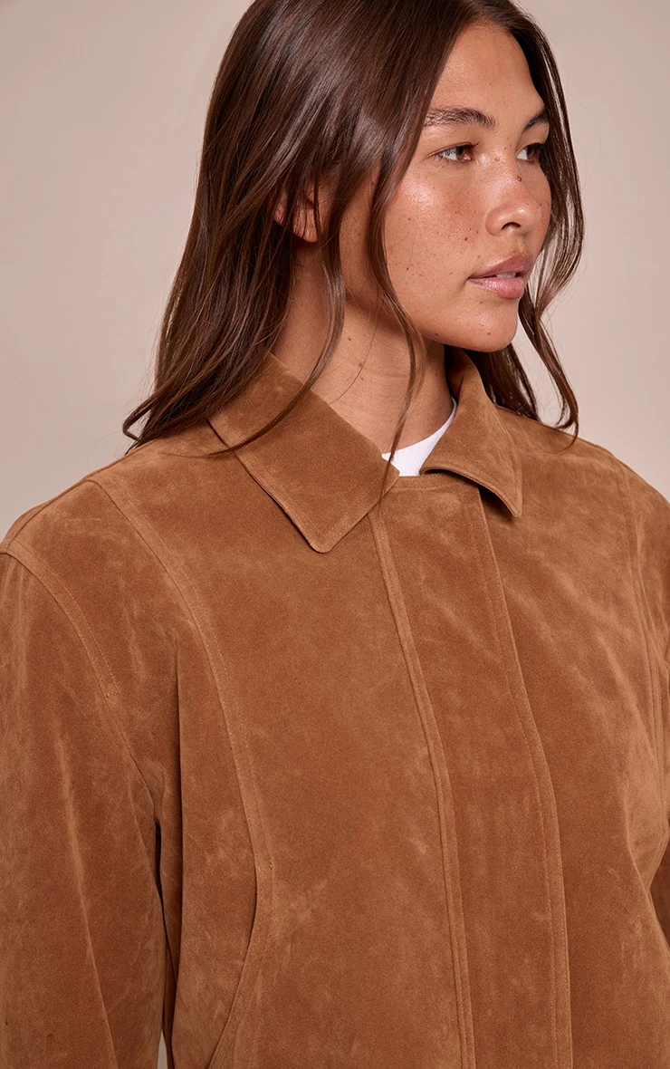 Prettylittlething Tan Faux Suede Concealed Placket Bomber Jacket 1 Prettylittlething Tan Faux Suede Concealed Placket Bomber Jacket