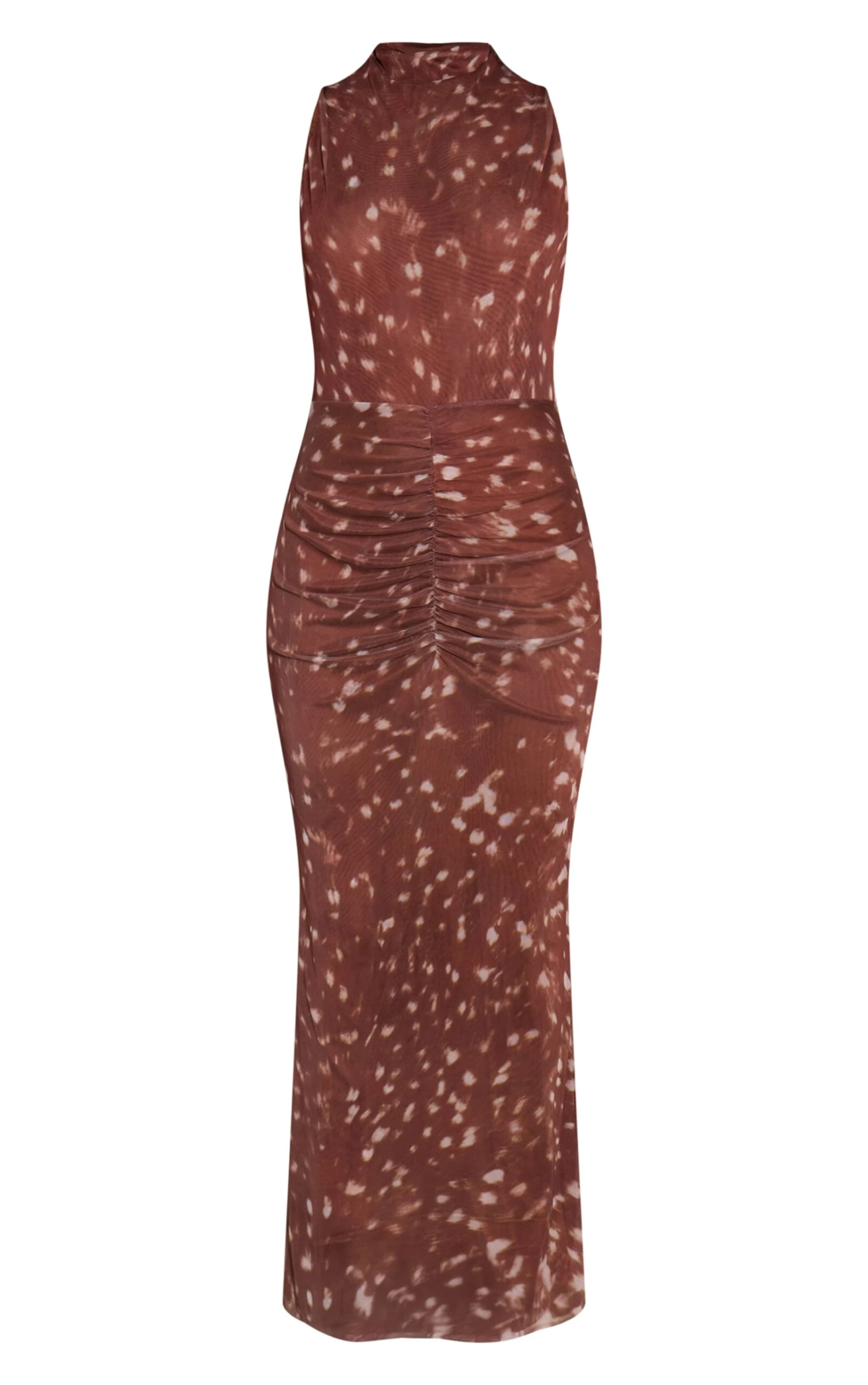 Prettylittlething Brown Deer Printed Mesh High Neck Midaxi Dress - Image 5