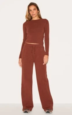 Prettylittlething Chocolate Interlock Wide Leg Split Hem Sweatpants