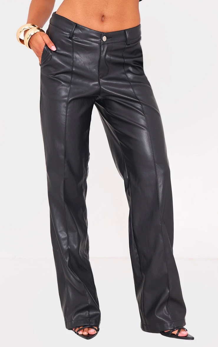 Prettylittlething Black Faux Leather Dip Waist Flared Pants 2 Prettylittlething Black Faux Leather Dip Waist Flared Pants - Image 2