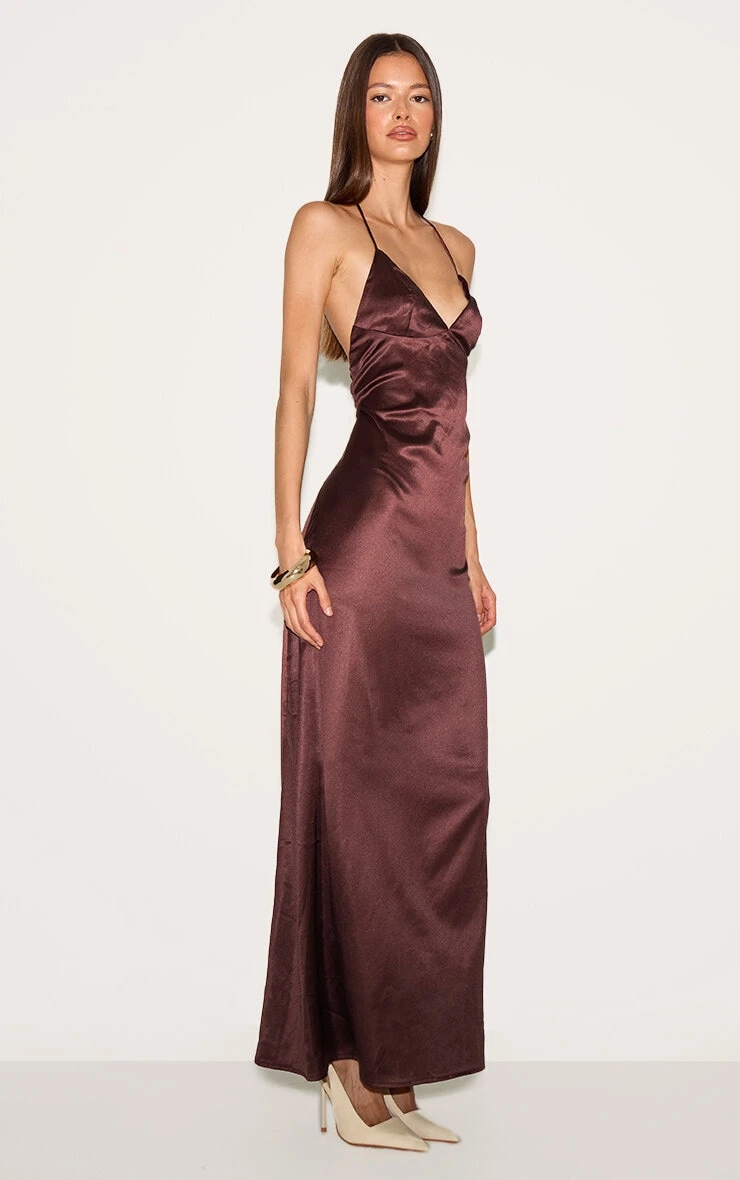 Prettylittlething Chocolate Satin Lace Up Back Maxi Slip Dress - Image 3