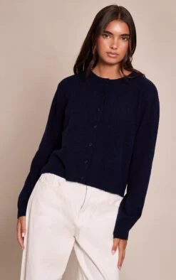 Prettylittlething Navy Round Neck Knit Cardigan