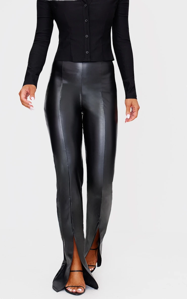 Prettylittlething Black Faux Leather Seam Detail Split Hem Pants 1 Prettylittlething Black Faux Leather Seam Detail Split Hem Pants