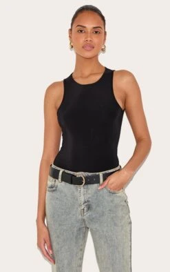 Prettylittlething Black Basic Slinky Racer Bodysuit