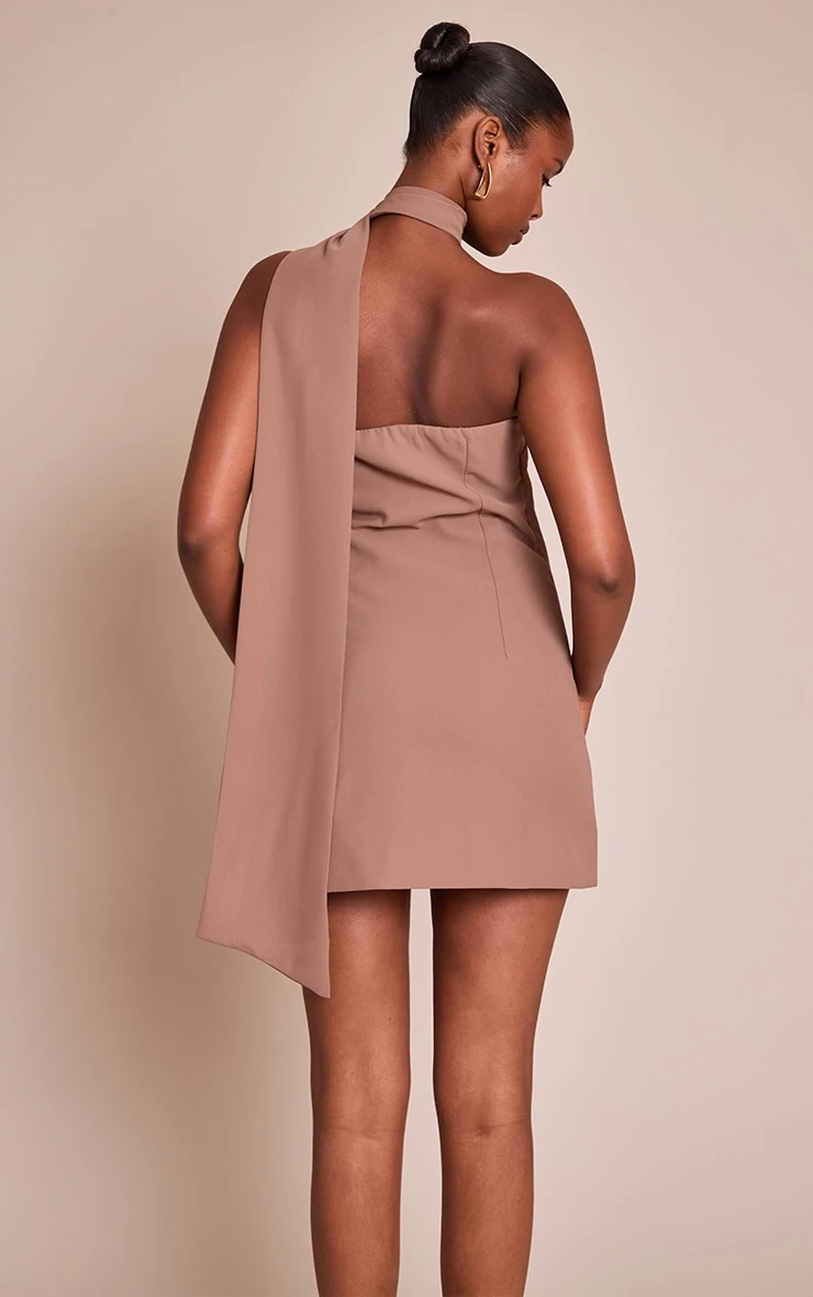 Prettylittlething Mocha Woven Asymmetric Scarf Detail Mini Dress 2 Prettylittlething Mocha Woven Asymmetric Scarf Detail Mini Dress - Image 2