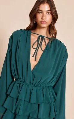 Prettylittlething Teal Chiffon V Neck Frill Tiered Romper -Pretty Little Thing Shop 697a816f3f50878b9848cf798273eda5ebc3a8b4 CNN7782 4 teal chiffon v neck frill tiered playsuit