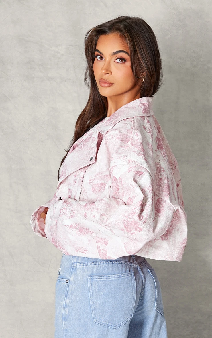Pink Printed Textured Faux Leather Crop Biker Jacket 2 Pink Printed Textured Faux Leather Crop Biker Jacket - Image 2