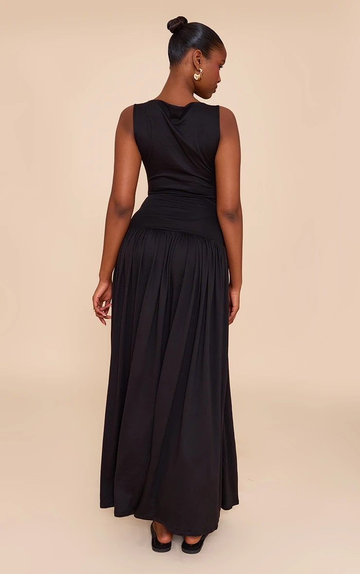 Prettylittlething Black Double Layer Jersey Dropped Waist Maxi Dress - Image 2