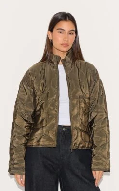 Prettylittlething Olive Padded Wave Funnel Neck Jacket