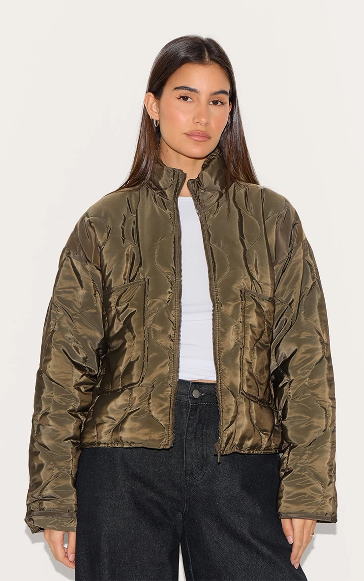 Prettylittlething Olive Padded Wave Funnel Neck Jacket 1 Prettylittlething Olive Padded Wave Funnel Neck Jacket