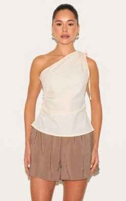 Prettylittlething Beige Lightweight Woven Ruched Asymmetric Long Top