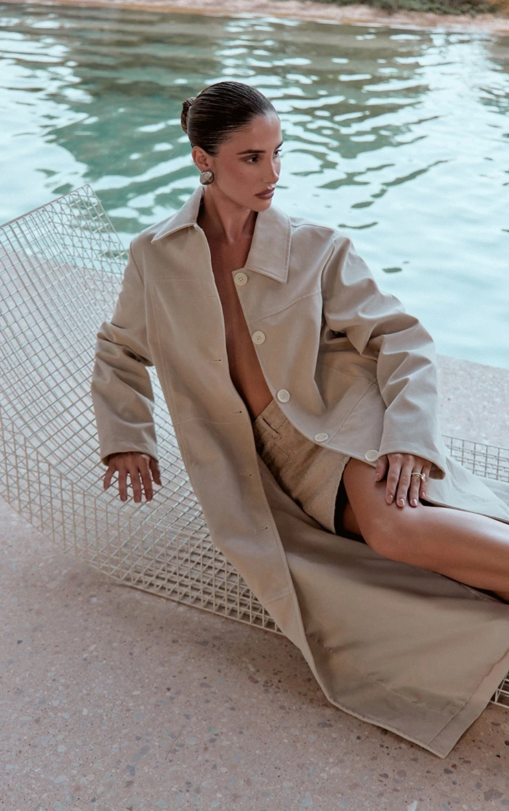 Prettylittlething Ecru Suede Longline Button Coat 6 Prettylittlething Ecru Suede Longline Button Coat - Image 6