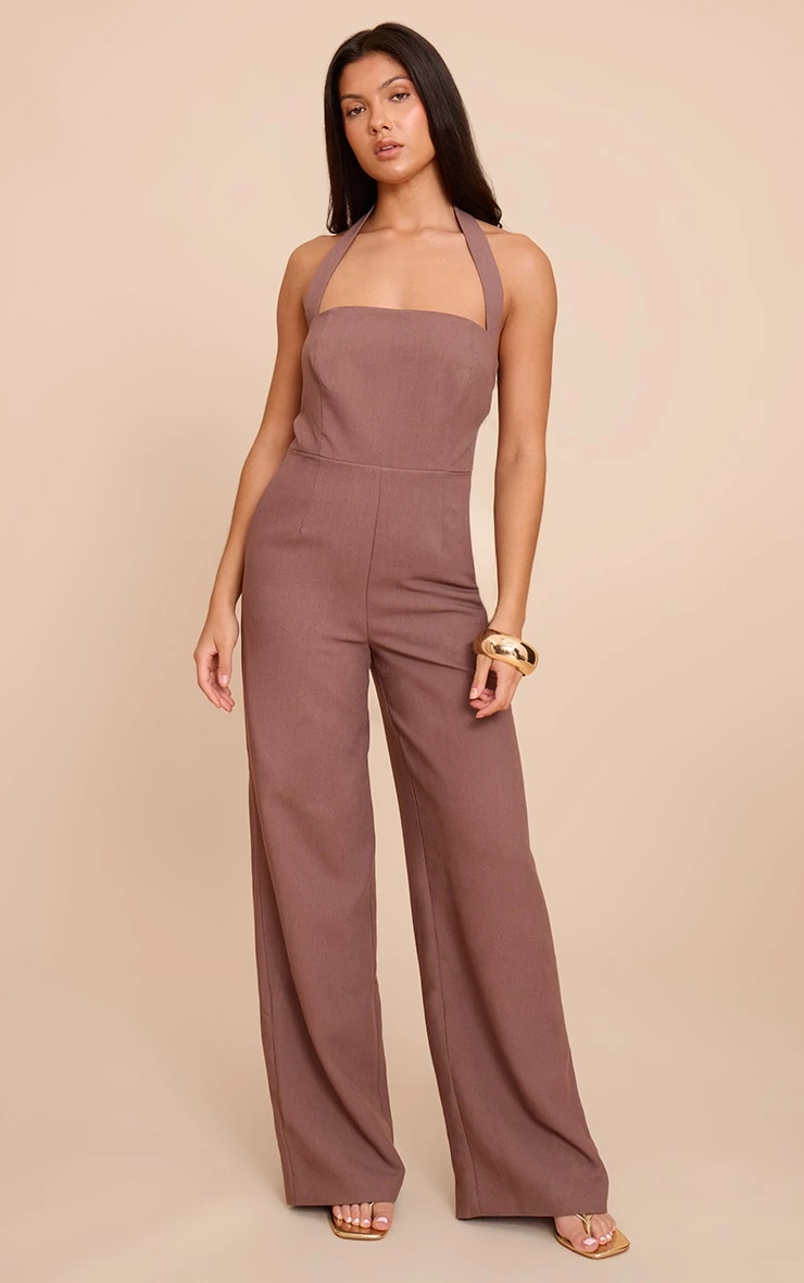 Prettylittlething Chocolate Premium Woven Halter Neck Wide Leg Jumpsuit