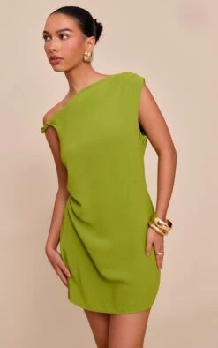 Prettylittlething Olive. Textured Asymmetric Shift Dress