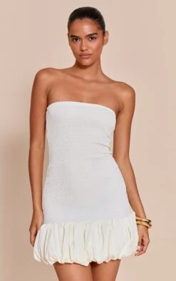 Cream Shirred Bandeau Bodycon Dress