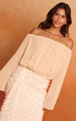 Prettylittlething Butter Cream Chiffon Ruched Bardot Blouse