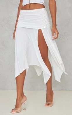 Prettylittlething White Soft Touch Ruched Asymmetric Midi Skirt