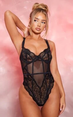 Prettylittlething Black Mesh Frill Detail Panelling Lace Bodysuit