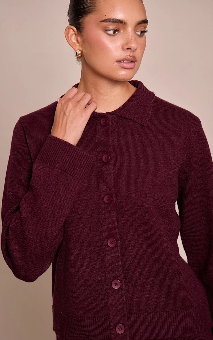 Prettylittlething Chocolate Plum Button Through Collar Cardigan 1 Prettylittlething Chocolate Plum Button Through Collar Cardigan