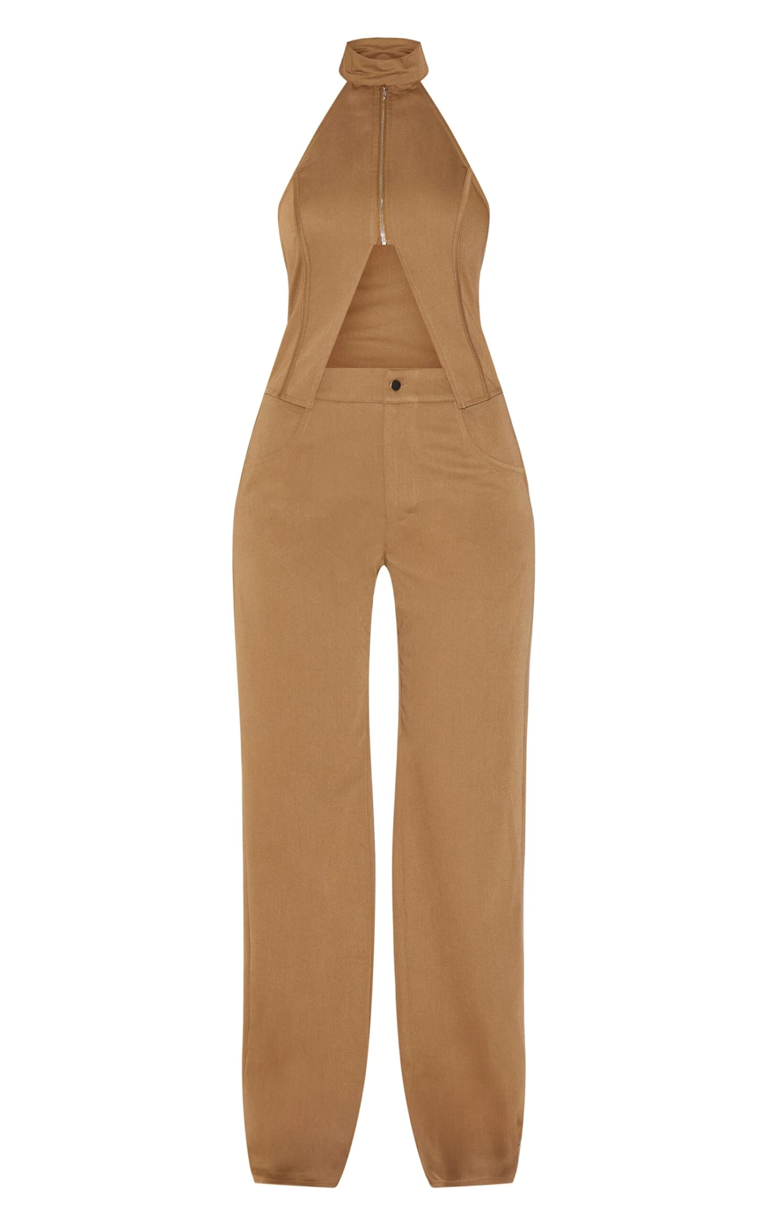 Prettylittlething Khaki Woven High Neck Zip Detail Straight Leg Jumpsuit 5 Prettylittlething Khaki Woven High Neck Zip Detail Straight Leg Jumpsuit - Image 5