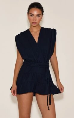 Prettylittlething Black Textured V Neck Tie Waist Romper