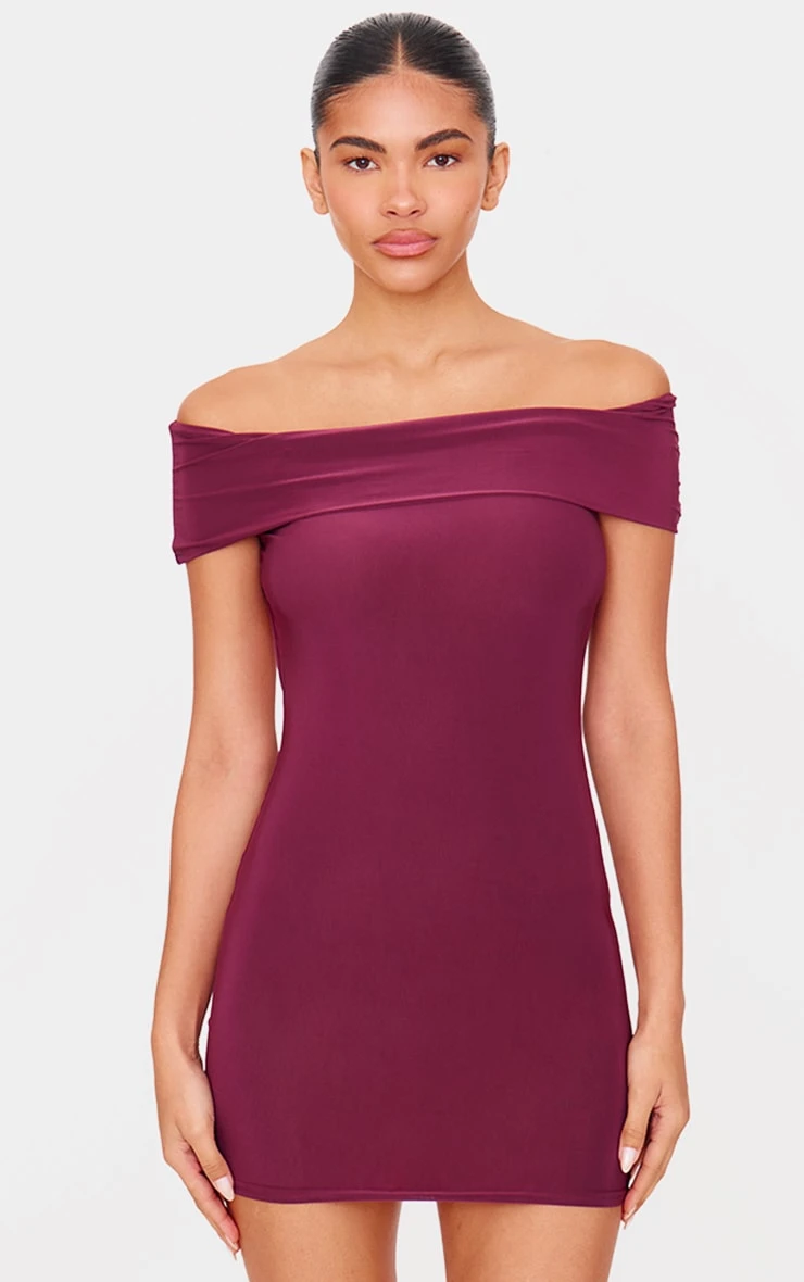 Prettylittlething Plum Double Layer Soft Touch Bardot Twist Back Mini Dress 2 Prettylittlething Plum Double Layer Soft Touch Bardot Twist Back Mini Dress - Image 2