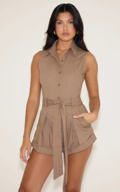 Prettylittlething Mocha Woven Sleeveless Pocket Detail Romper