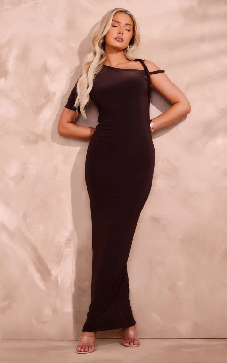 Prettylittlething Chocolate Slinky Twist Shoulder Midaxi Dress 1 Prettylittlething Chocolate Slinky Twist Shoulder Midaxi Dress