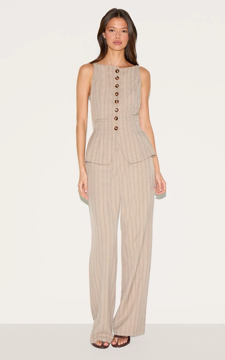 Prettylittlething Brown Pinstripe Linen Button Down Peplum Hem Jumpsuit 1 Prettylittlething Brown Pinstripe Linen Button Down Peplum Hem Jumpsuit
