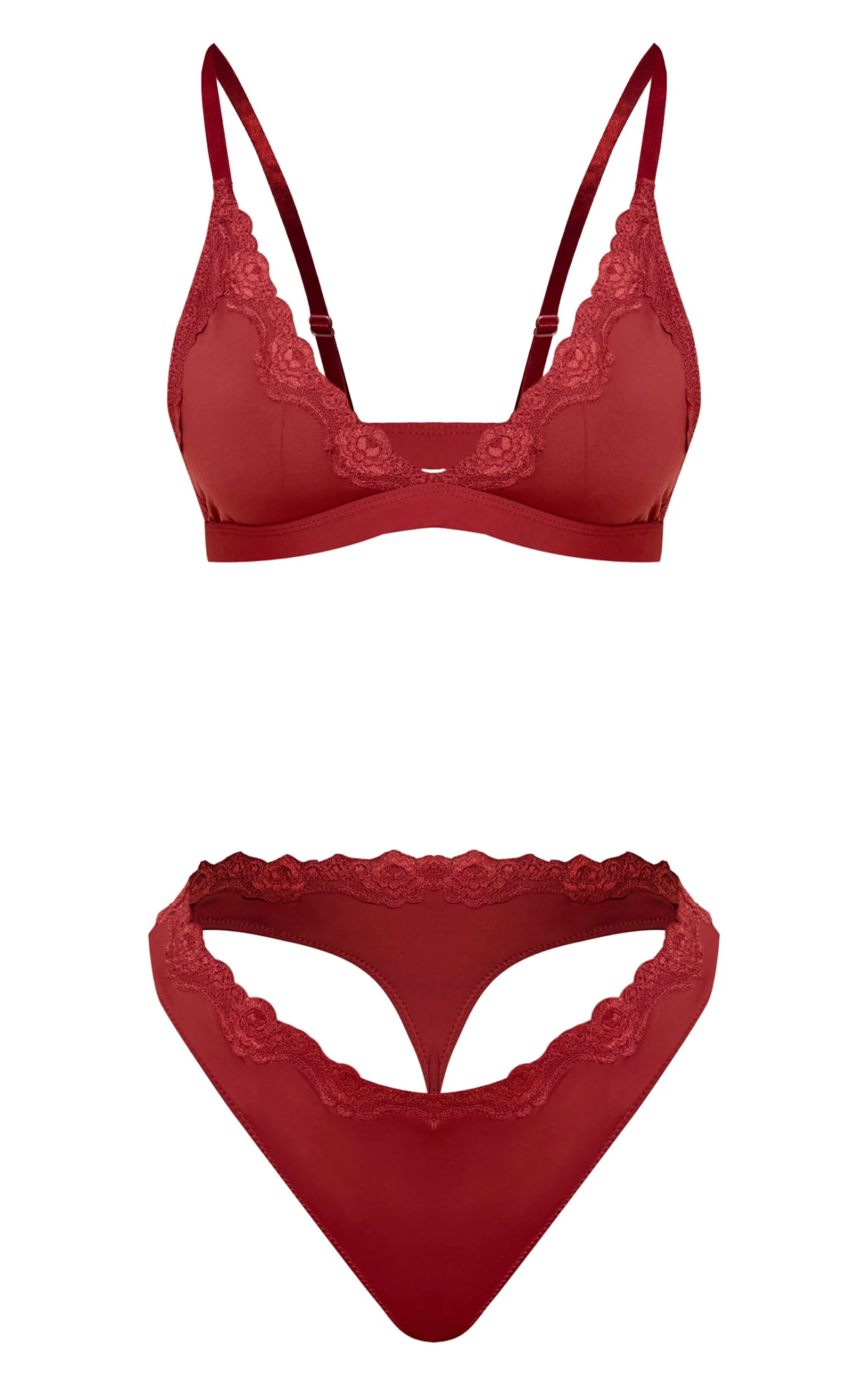 Burgundy Jersey Lace Trim Triangle Lingerie Set 5 Burgundy Jersey Lace Trim Triangle Lingerie Set - Image 5